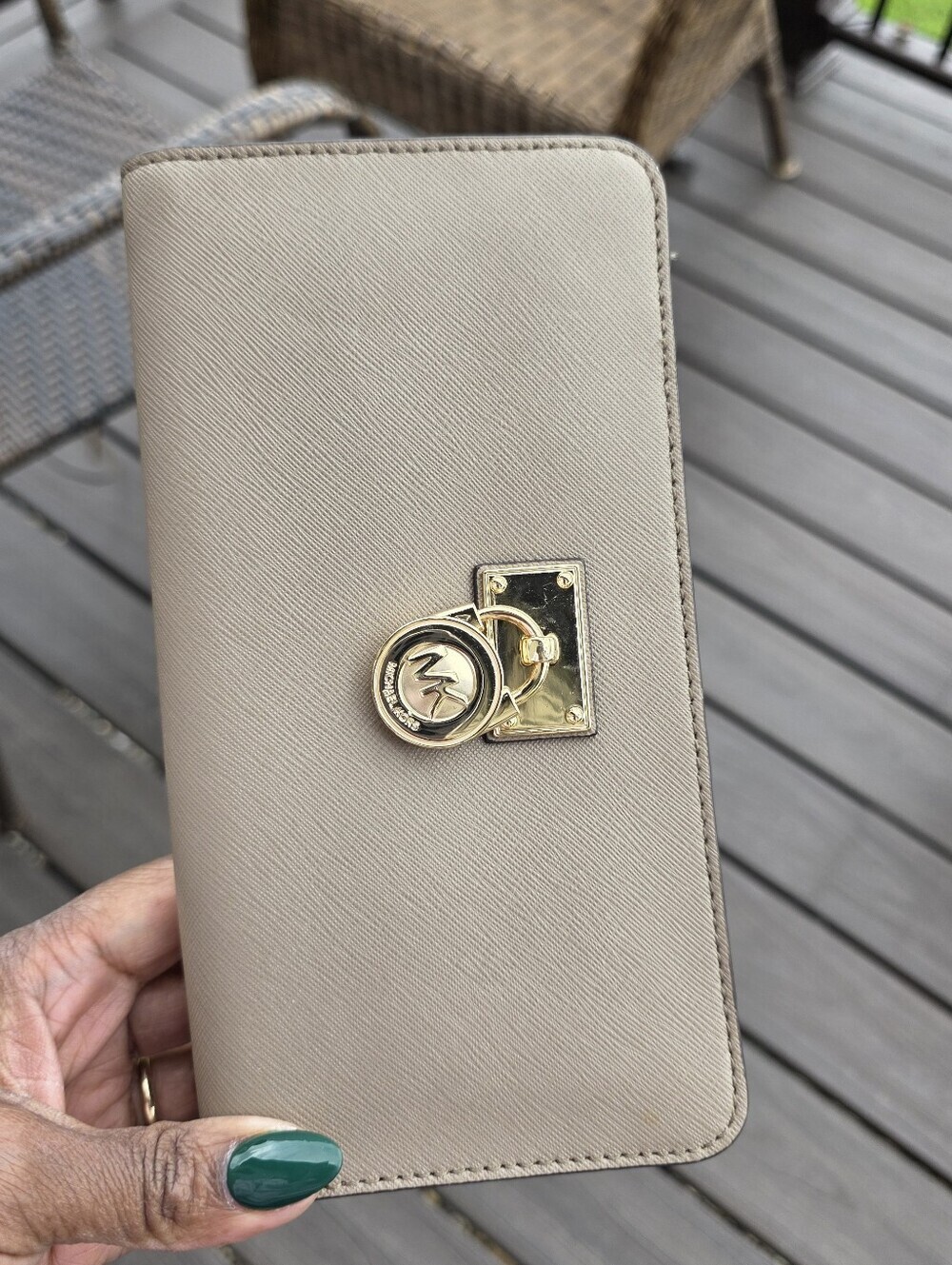 Michael Kors Vintage Taupe Zip-Around Leather Zip Wallet with Gold MK Lock